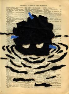 Du tumulte du monde au silence du papier, 2021. (63 collages) Acrylique sur kraft et scotch de masquage sur papier (encyclopédie). 22,4x16,8cm